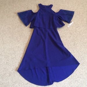 Royal blue open-shoulder high/low formal dress